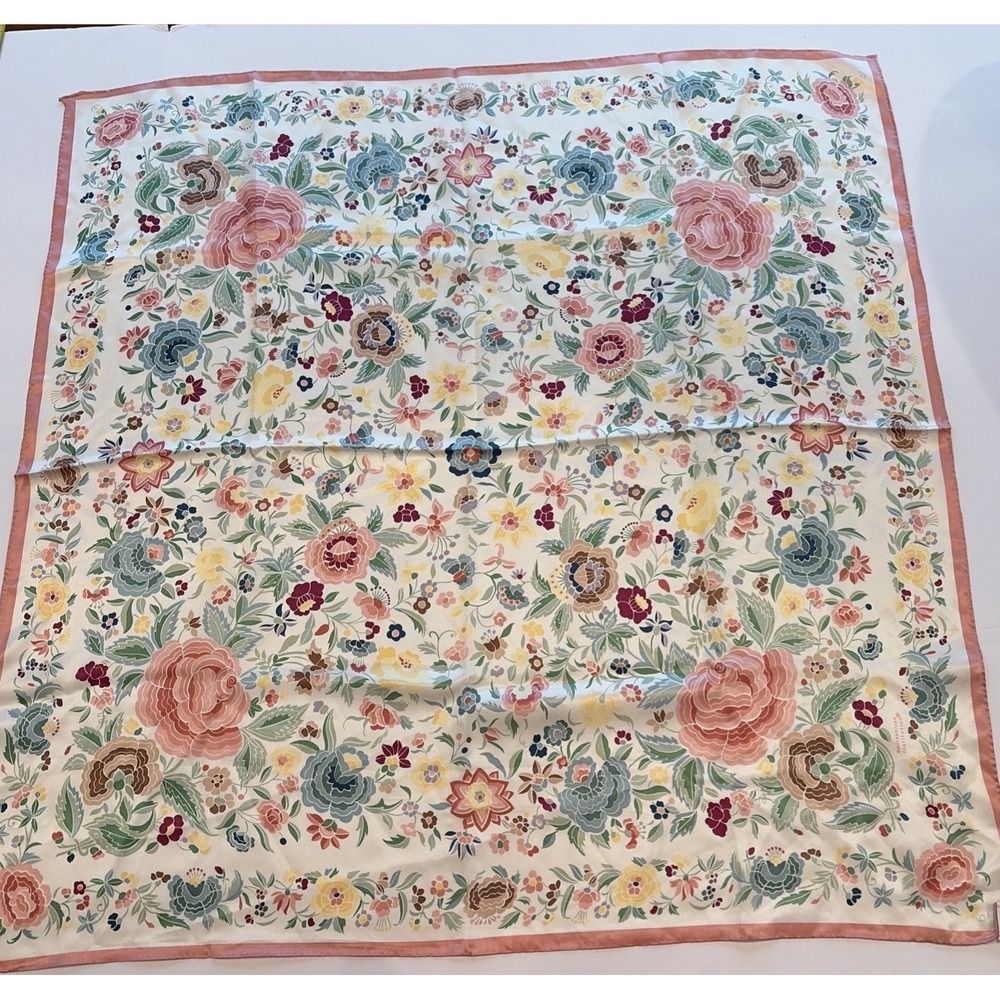 Vintage Smithsonian Institute Floral Silk Scarf 31" Soft Colors Made In Japan